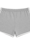 Front view of INTROVERT women's retro track shorts in grey heather featuring a comfortable elastic waistband and contrast white piping along the curved edges.