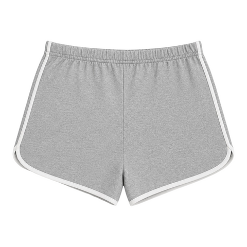 Front view of INTROVERT women's retro track shorts in grey heather featuring a comfortable elastic waistband and contrast white piping along the curved edges.
