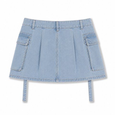 Back view of INTROVERT light wash denim mini skirt featuring a centralized rear cargo pocket with an extended utility strap and custom script logo embroidery.