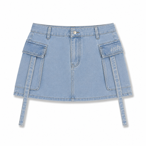 Front view of INTROVERT women's cargo denim mini skirt in a light wash featuring symmetric side pockets with long denim straps and white intrv cursive script embroidery on the pocket flap.