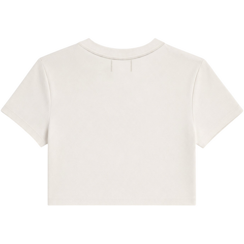 Back view of INTRV women's fitted short sleeve crop tee in white showcasing a clean, minimalist seamless rear panel design.