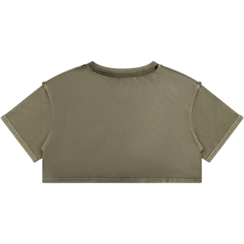 Back view of INTRV women's cropped short sleeve V-neck tee in washed khaki olive showing the clean minimalist reverse panel, dropped shoulders, and subtle raw-edge collar trim.