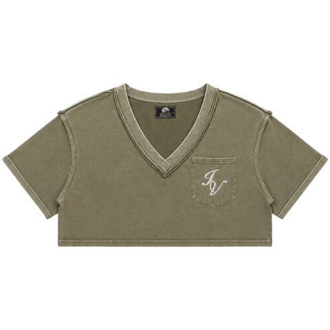 Front view of INTRV women's ultra-cropped V-neck short sleeve t-shirt in enzyme-washed khaki olive featuring raw-edge seam details and a chest pocket with white cursive IV monogram embroidery.