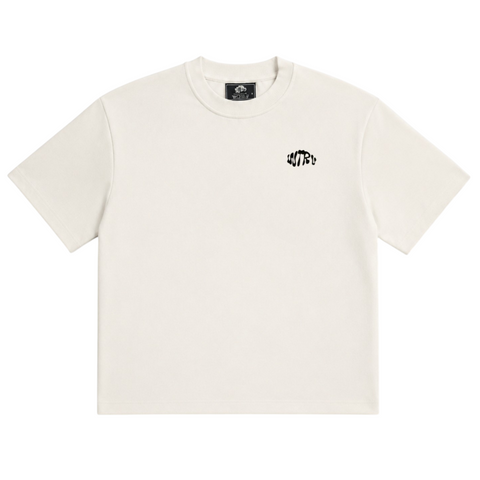 Front view of INTROVERT unisex oversized short sleeve t-shirt in off-white featuring a clean crewneck collar and a small wavy black INTRV logo on the left chest.