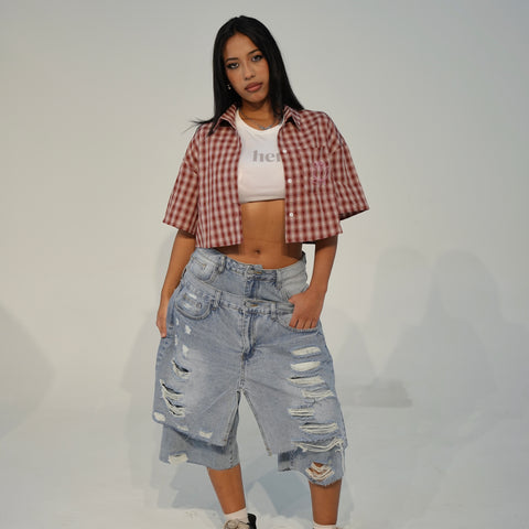 "WRLDWD" CROP SHORT SLEEVE FLANNEL // CHERRY-ROSE PLAID