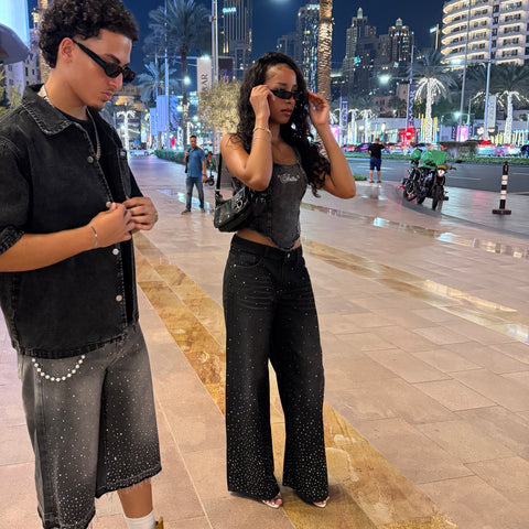 “RHINESTONE” WIDE-LEG JEANS // WASHED BLACK