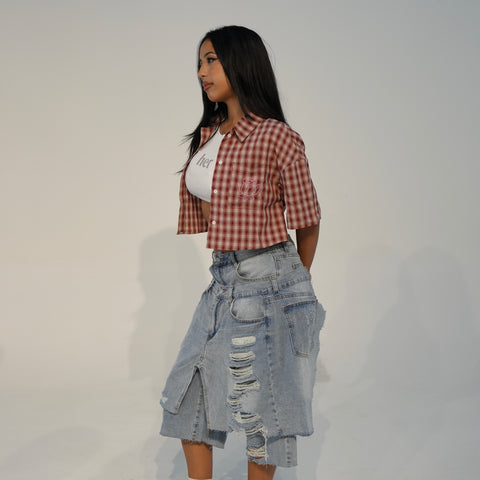 "WRLDWD" CROP SHORT SLEEVE FLANNEL // CHERRY-ROSE PLAID