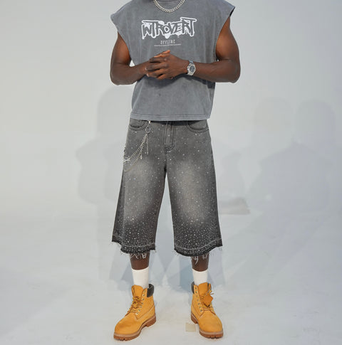 “RHINESTONE” DENIM JORTS // WASHED BLACK