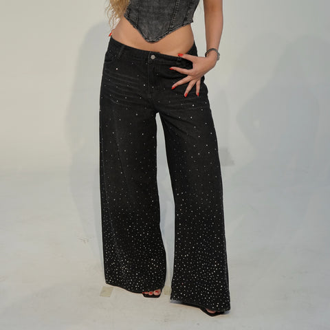 “RHINESTONE” WIDE-LEG JEANS // WASHED BLACK