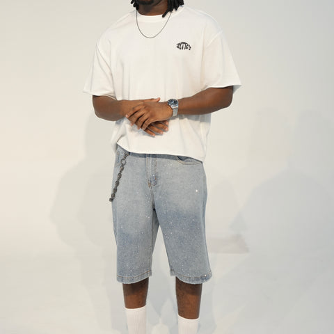 “RHINESTONE” DENIM JORTS // LIGHT WASH