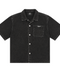 Front view of INTROVERT "Culture" heavy-weight washed black denim short sleeve button-down shirt with contrast stitching, silver hardware snap buttons, and white script branding on the chest pocket.