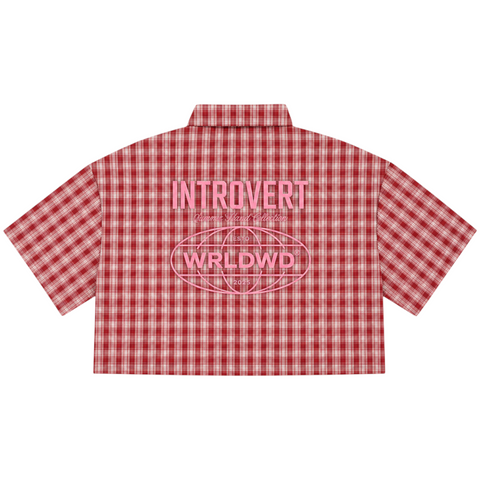 Back view of INTROVERT "WRLDWD" crop short sleeve cherry plaid flannel shirt highlighting the oversized pink puff-print text and WRLDWD globe graphic across the back yoke.
