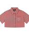 Front view of INTROVERT women's cropped short sleeve flannel shirt in cherry red and cream plaid featuring a distinct flat crop hem and pink rose outline embroidery on the pocket.
