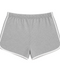 Front view of INTROVERT women's retro track shorts in grey heather featuring a comfortable elastic waistband and contrast white piping along the curved edges.