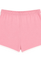 Front view of INTROVERT women's retro track shorts in pink featuring a comfortable elastic waistband and contrast white piping along the curved edges.