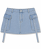 Front view of INTROVERT women's cargo denim mini skirt in a light wash featuring symmetric side pockets with long denim straps and white intrv cursive script embroidery on the pocket flap.