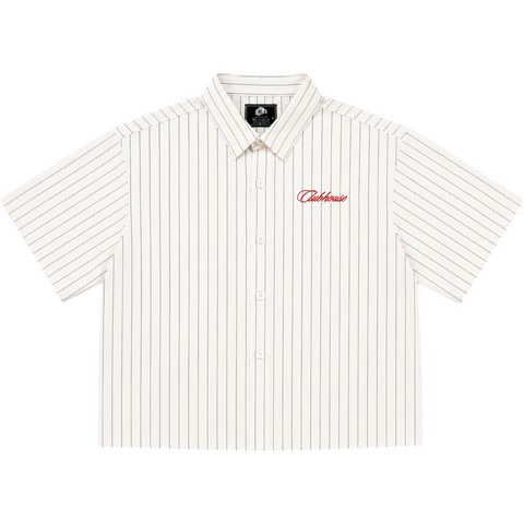 Front view of INTRV Clubhouse Pinstripe short sleeve shirt in off-white featuring a relaxed boxy cut, matching tonal buttons, and contrast red cursive embroidery on the left chest.