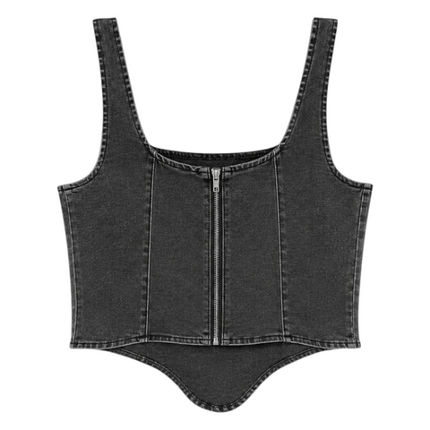 Back view of INTRV women's washed black denim corset crop top featuring a structured square neckline, thick tank straps, vertical accent panel stitching, and a functional silver zipper down the center leading to a pointed hem.