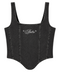 Front view of INTRV women's washed black denim corset crop top highlighting the vertical tailoring lines and central white cursive Intrv embroidery decorated with two small star icons.