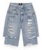 Front view of INTROVERT men's double waistband denim shorts in a light wash featuring heavy texturized deconstruction, distressed thigh panels, and a stacked dual waist layout.