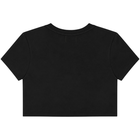 Back view of INTRV women's fitted short sleeve crop tee in black showcasing a clean, minimalist seamless rear panel design.