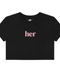Front view of INTRV women's fitted crop short sleeve baby tee in black featuring a classic crewneck collar and a centered light pink her serif text graphic print.