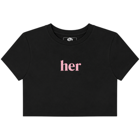 Front view of INTRV women's fitted crop short sleeve baby tee in black featuring a classic crewneck collar and a centered light pink her serif text graphic print.