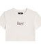 Front view of INTRV women's fitted crop short sleeve baby tee in white featuring a classic crewneck collar and a centered muted taupe her serif text graphic print.