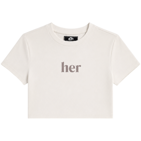 Front view of INTRV women's fitted crop short sleeve baby tee in white featuring a classic crewneck collar and a centered muted taupe her serif text graphic print.