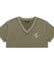 Front view of INTRV women's ultra-cropped V-neck short sleeve t-shirt in enzyme-washed khaki olive featuring raw-edge seam details and a chest pocket with white cursive IV monogram embroidery.