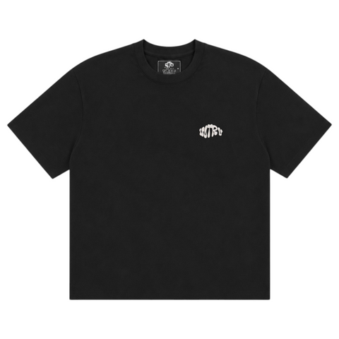Front view of INTROVERT unisex oversized short sleeve t-shirt in vintage washed black featuring a clean crewneck collar and a small wavy cream INTRV logo on the left chest.