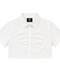 Front view of INTRV Unstoppable women's crop short sleeve button-down shirt in bright white featuring a clean collared neckline and flattering ruched gathering down the center placket.
