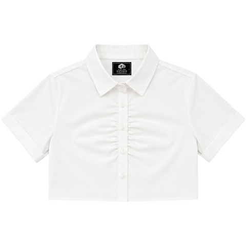 Front view of INTRV Unstoppable women's crop short sleeve button-down shirt in bright white featuring a clean collared neckline and flattering ruched gathering down the center placket.